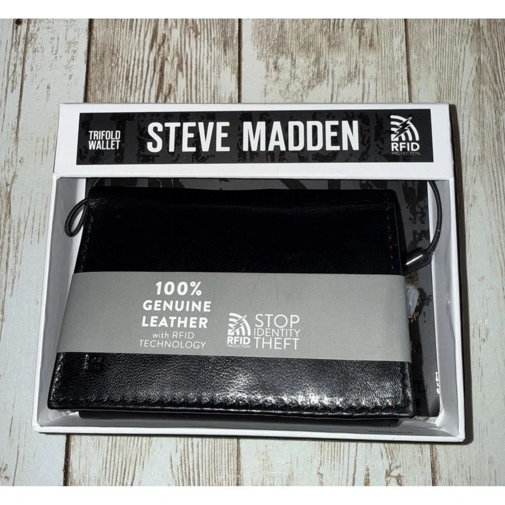 Steve Madden Trifold Wallet‎ Mens Black Genuine Leather RFID Protection NEW